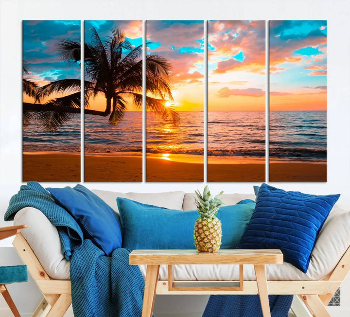 The "Palm Tree Sunset On The Beach Wall Art Canvas Print" elegantly decorates the wall, crafted on museum-quality canvases.