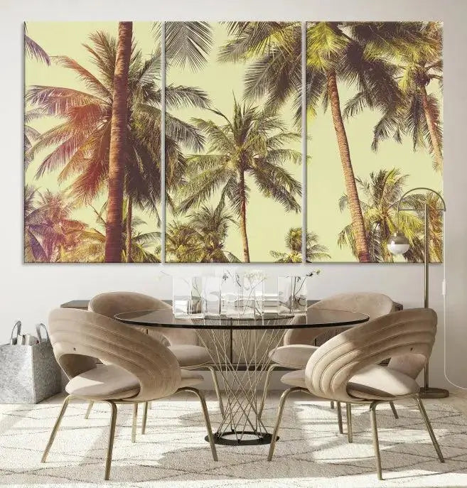 The living room features the Palm Tree Wall Art Tropical Coast Canvas Print, displayed as a triptych on museum-quality canvas. Each piece is gallery wrapped for a polished look.