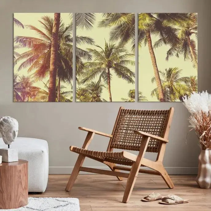 The living room features the Palm Tree Wall Art Tropical Coast Canvas Print, displayed as a triptych on museum-quality canvas. Each piece is gallery wrapped for a polished look.