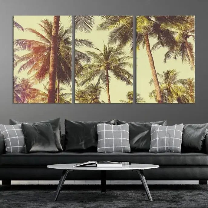 The living room features the Palm Tree Wall Art Tropical Coast Canvas Print, displayed as a triptych on museum-quality canvas. Each piece is gallery wrapped for a polished look.