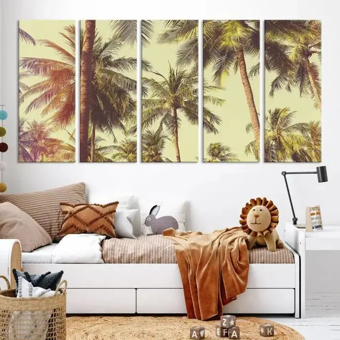 The living room features the Palm Tree Wall Art Tropical Coast Canvas Print, displayed as a triptych on museum-quality canvas. Each piece is gallery wrapped for a polished look.