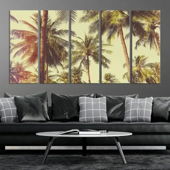 The living room features the Palm Tree Wall Art Tropical Coast Canvas Print, displayed as a triptych on museum-quality canvas. Each piece is gallery wrapped for a polished look.