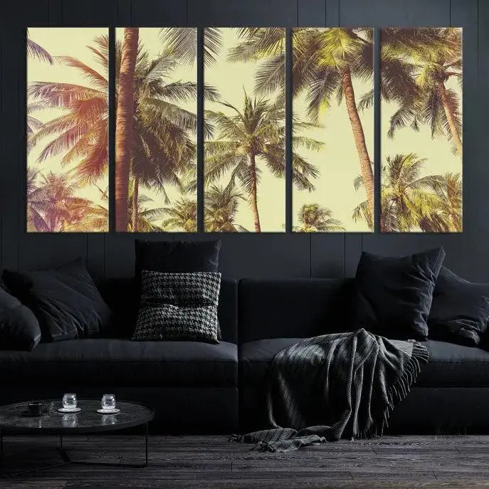 The living room features the Palm Tree Wall Art Tropical Coast Canvas Print, displayed as a triptych on museum-quality canvas. Each piece is gallery wrapped for a polished look.