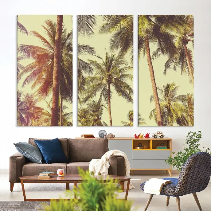 The living room features the Palm Tree Wall Art Tropical Coast Canvas Print, displayed as a triptych on museum-quality canvas. Each piece is gallery wrapped for a polished look.