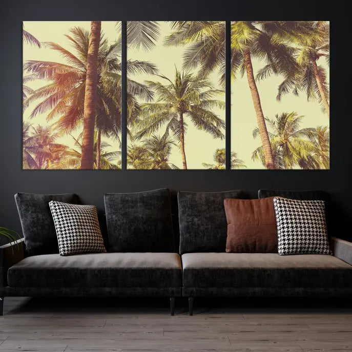 The living room features the Palm Tree Wall Art Tropical Coast Canvas Print, displayed as a triptych on museum-quality canvas. Each piece is gallery wrapped for a polished look.