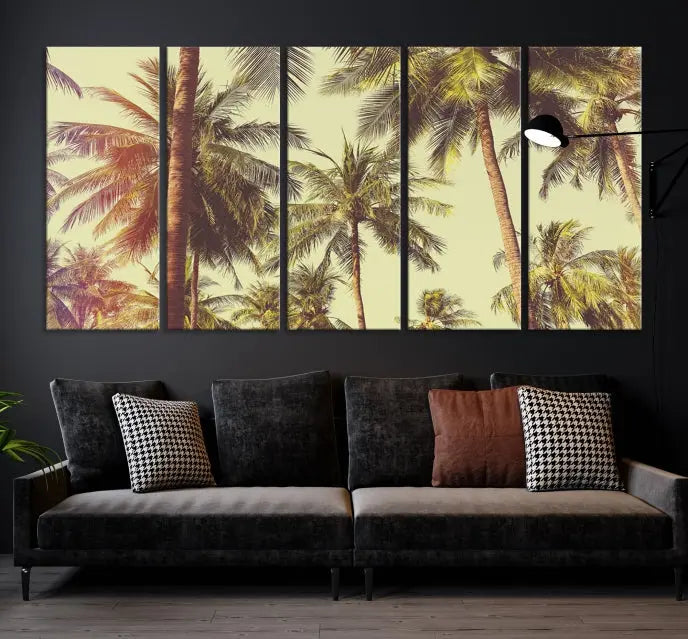 The living room features the Palm Tree Wall Art Tropical Coast Canvas Print, displayed as a triptych on museum-quality canvas. Each piece is gallery wrapped for a polished look.