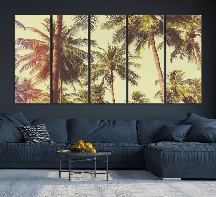 The living room features the Palm Tree Wall Art Tropical Coast Canvas Print, displayed as a triptych on museum-quality canvas. Each piece is gallery wrapped for a polished look.