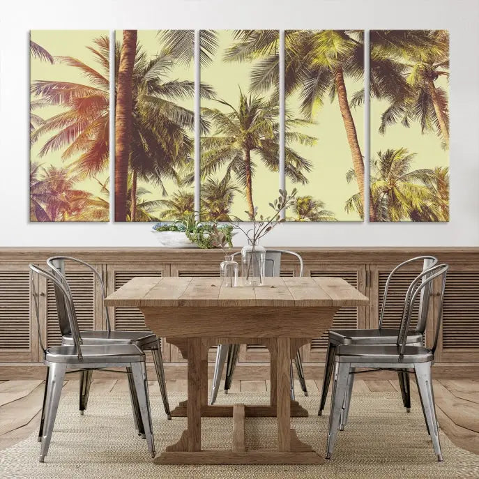 The living room features the Palm Tree Wall Art Tropical Coast Canvas Print, displayed as a triptych on museum-quality canvas. Each piece is gallery wrapped for a polished look.