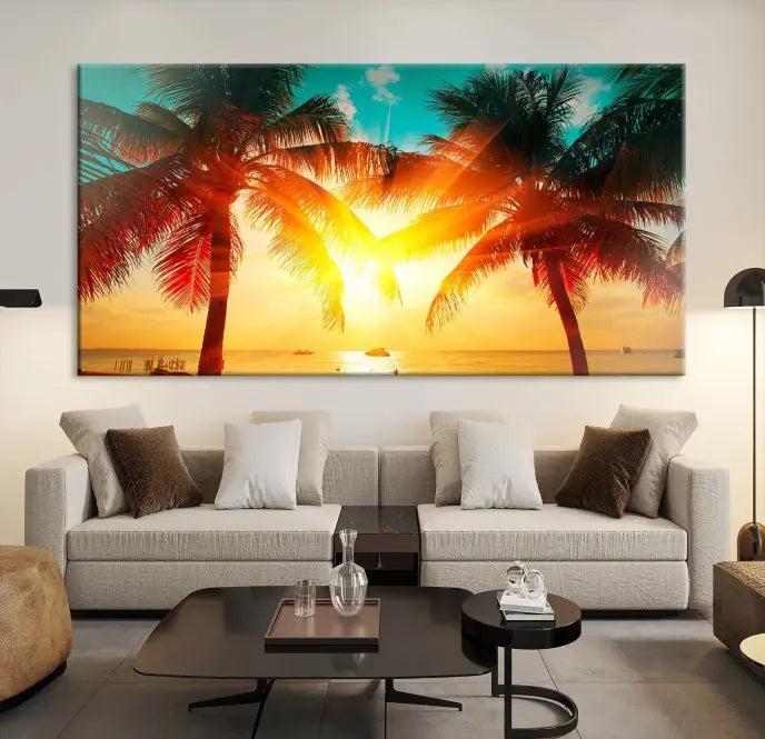 The Palm and Sunset Beach Wall Art Canvas Print is a gallery-wrapped triptych depicting a tropical sunset with palm trees on museum-quality canvas and finished with a UV-protective coating.