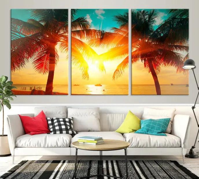 The Palm and Sunset Beach Wall Art Canvas Print is a gallery-wrapped triptych depicting a tropical sunset with palm trees on museum-quality canvas and finished with a UV-protective coating.