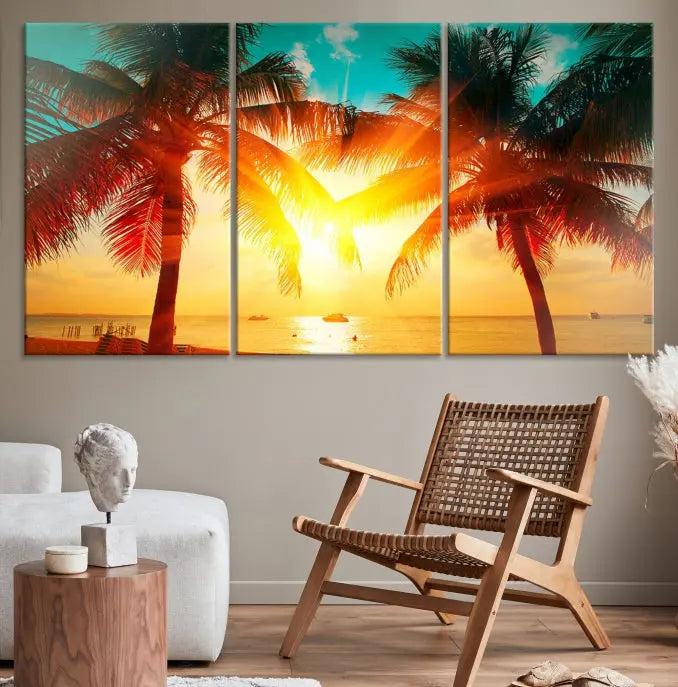 Palm and Sunset Beach Wall Art Canvas Print 