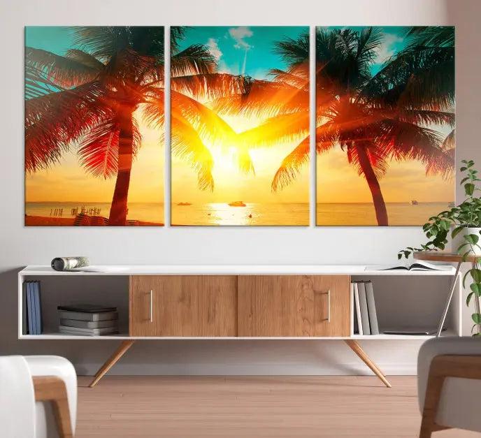 Palm and Sunset Beach Wall Art Canvas Print 