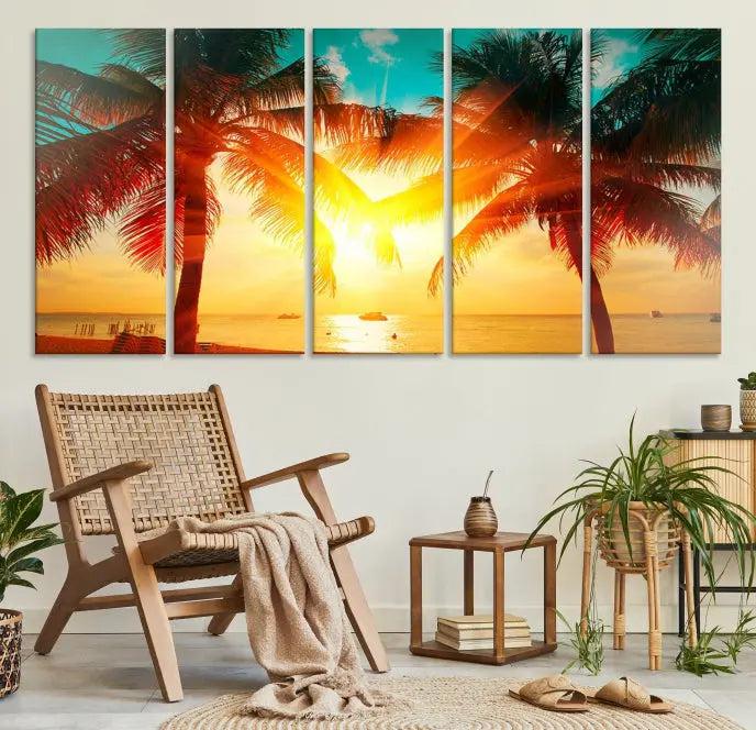 The Palm and Sunset Beach Wall Art Canvas Print is a gallery-wrapped triptych depicting a tropical sunset with palm trees on museum-quality canvas and finished with a UV-protective coating.