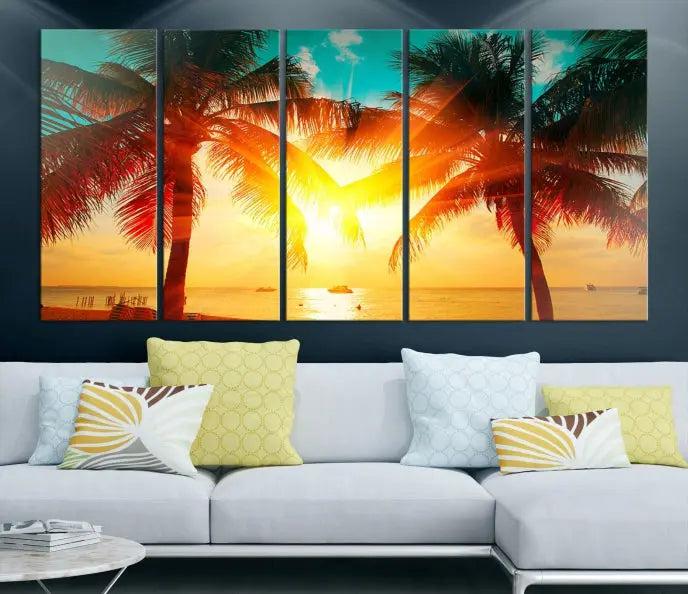 The Palm and Sunset Beach Wall Art Canvas Print is a gallery-wrapped triptych depicting a tropical sunset with palm trees on museum-quality canvas and finished with a UV-protective coating.