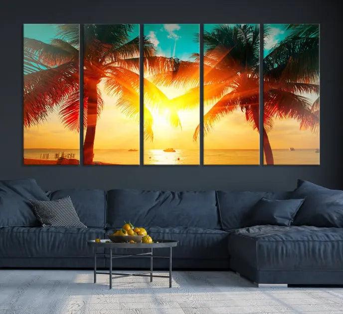 The Palm and Sunset Beach Wall Art Canvas Print is a gallery-wrapped triptych depicting a tropical sunset with palm trees on museum-quality canvas and finished with a UV-protective coating.