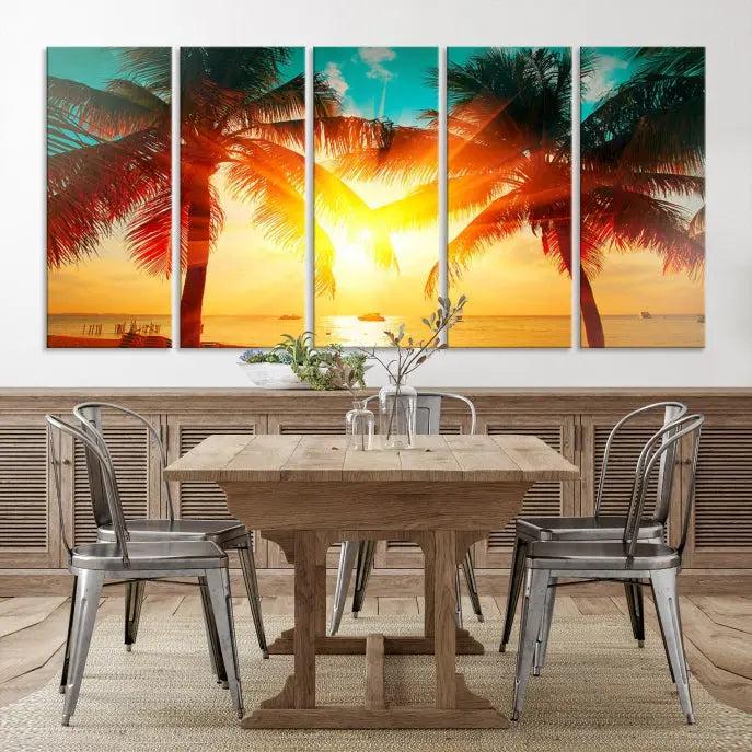 The Palm and Sunset Beach Wall Art Canvas Print is a gallery-wrapped triptych depicting a tropical sunset with palm trees on museum-quality canvas and finished with a UV-protective coating.