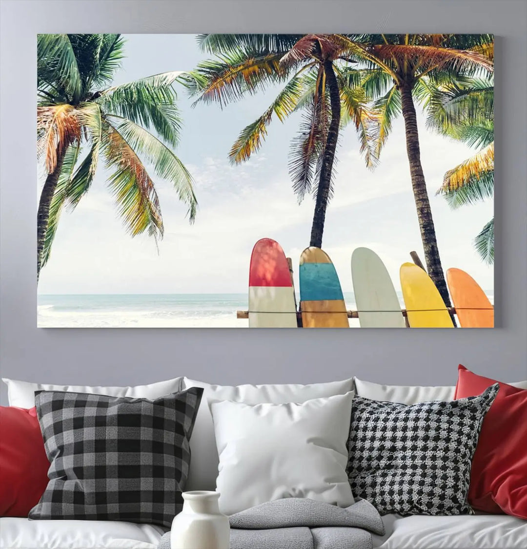 The room showcases The Palm and Surfing Board Wall Art Canvas Print, a triptych of palm trees and surfboards by the beach, elegantly gallery wrapped for a sophisticated finish.