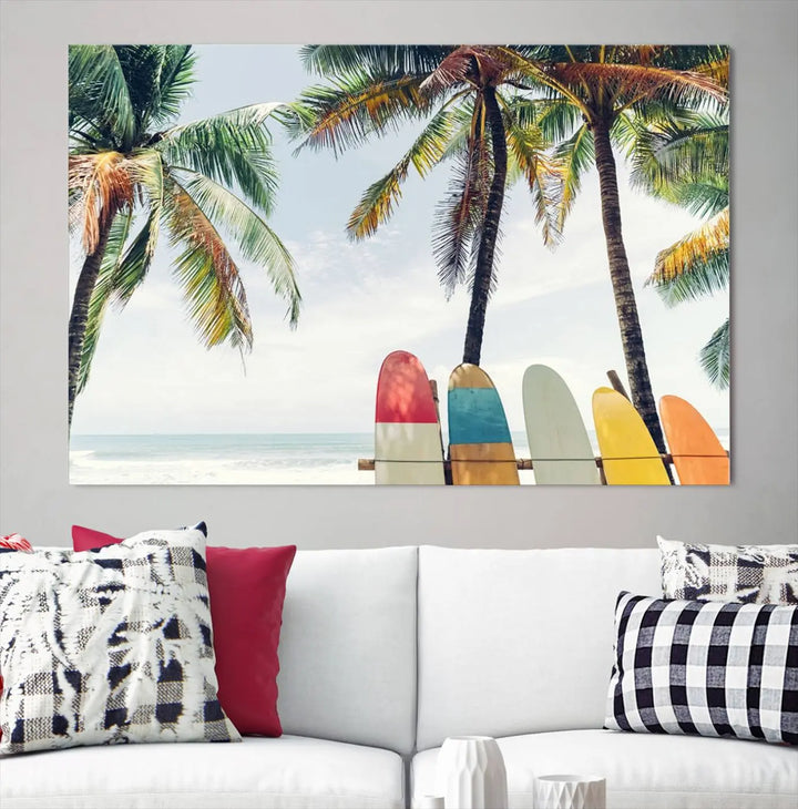 The room showcases The Palm and Surfing Board Wall Art Canvas Print, a triptych of palm trees and surfboards by the beach, elegantly gallery wrapped for a sophisticated finish.