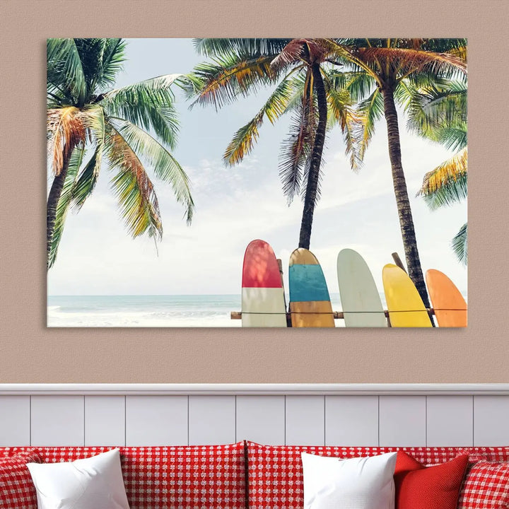 The room showcases The Palm and Surfing Board Wall Art Canvas Print, a triptych of palm trees and surfboards by the beach, elegantly gallery wrapped for a sophisticated finish.