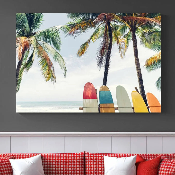 The room showcases The Palm and Surfing Board Wall Art Canvas Print, a triptych of palm trees and surfboards by the beach, elegantly gallery wrapped for a sophisticated finish.