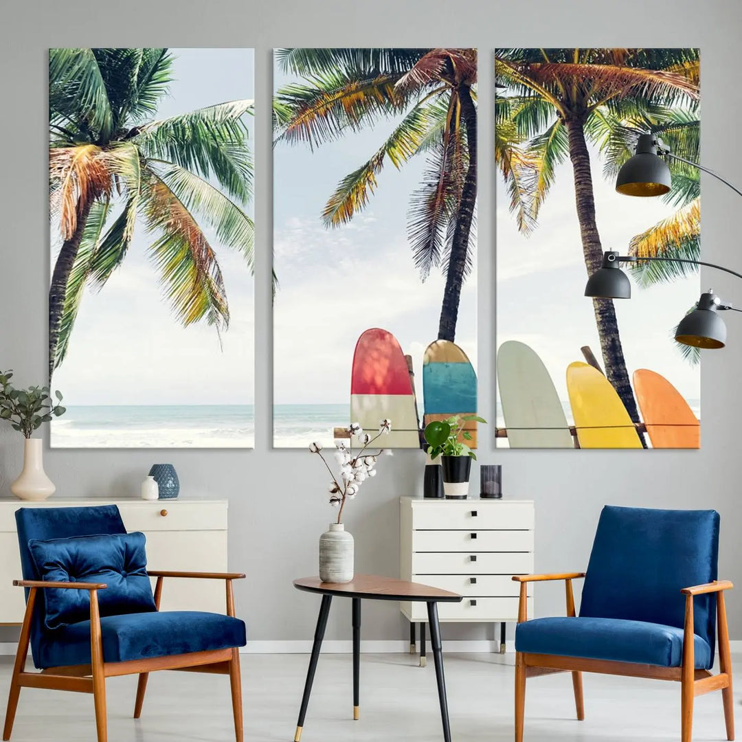 The room showcases The Palm and Surfing Board Wall Art Canvas Print, a triptych of palm trees and surfboards by the beach, elegantly gallery wrapped for a sophisticated finish.