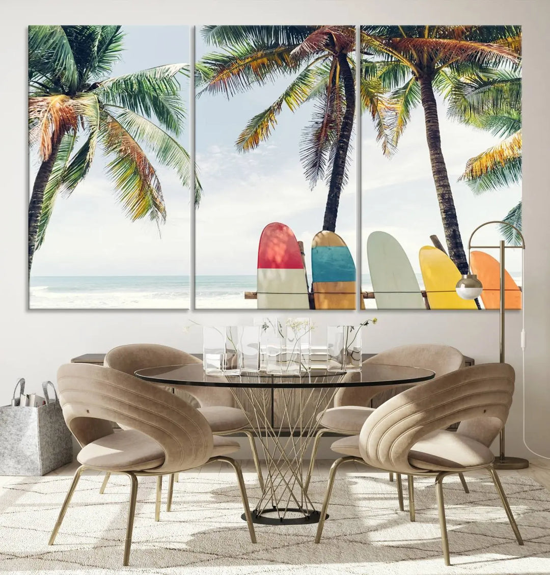 The room showcases The Palm and Surfing Board Wall Art Canvas Print, a triptych of palm trees and surfboards by the beach, elegantly gallery wrapped for a sophisticated finish.