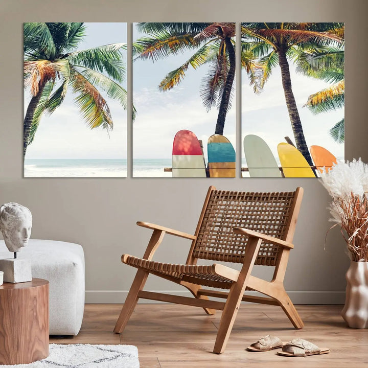 The room showcases The Palm and Surfing Board Wall Art Canvas Print, a triptych of palm trees and surfboards by the beach, elegantly gallery wrapped for a sophisticated finish.