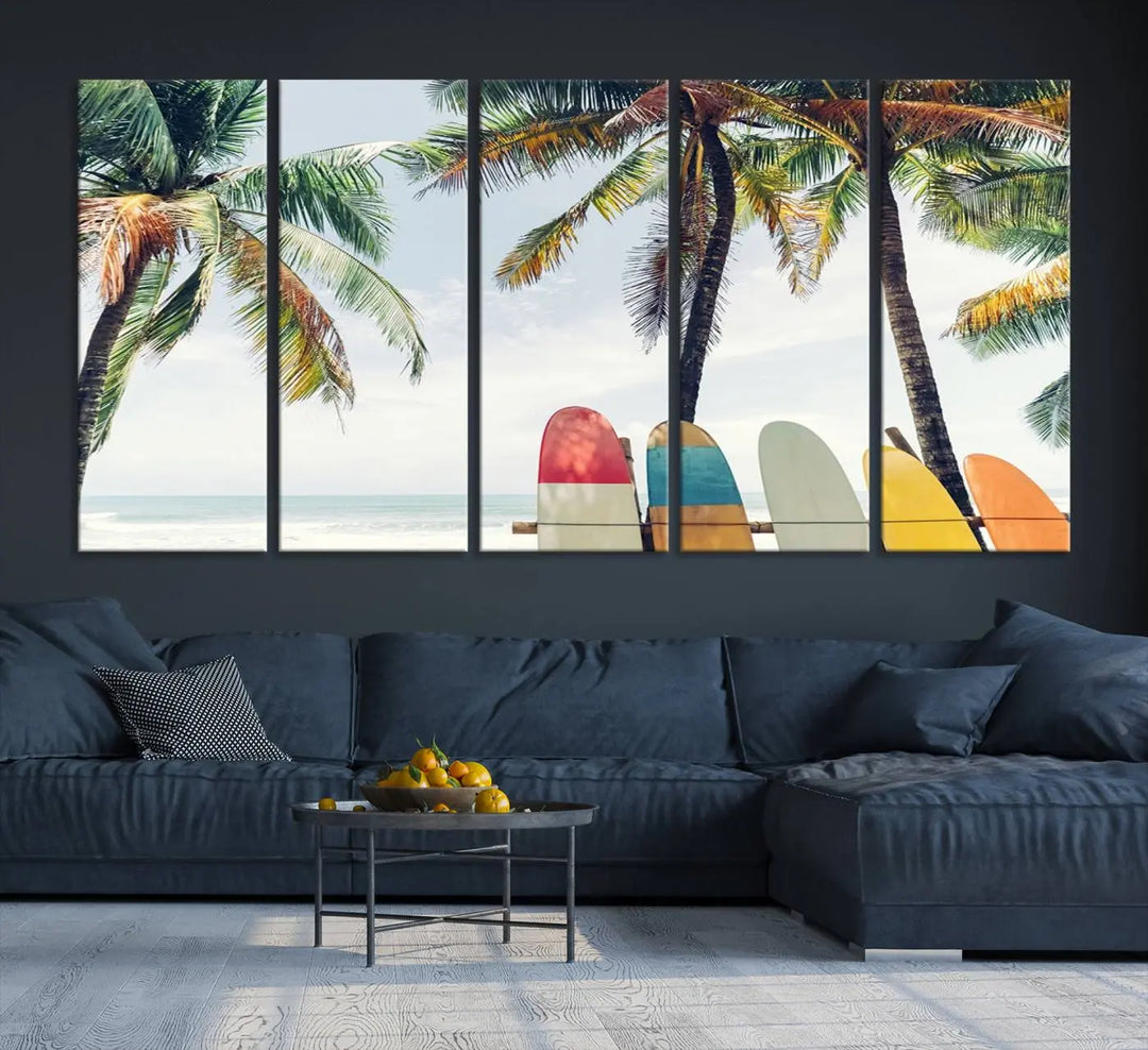 The room showcases The Palm and Surfing Board Wall Art Canvas Print, a triptych of palm trees and surfboards by the beach, elegantly gallery wrapped for a sophisticated finish.