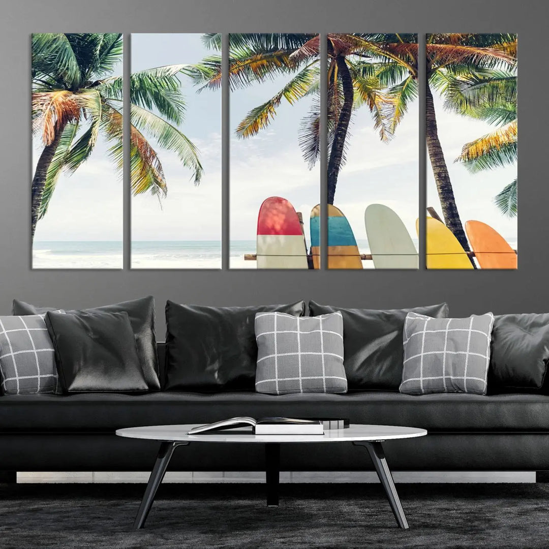 The room showcases The Palm and Surfing Board Wall Art Canvas Print, a triptych of palm trees and surfboards by the beach, elegantly gallery wrapped for a sophisticated finish.