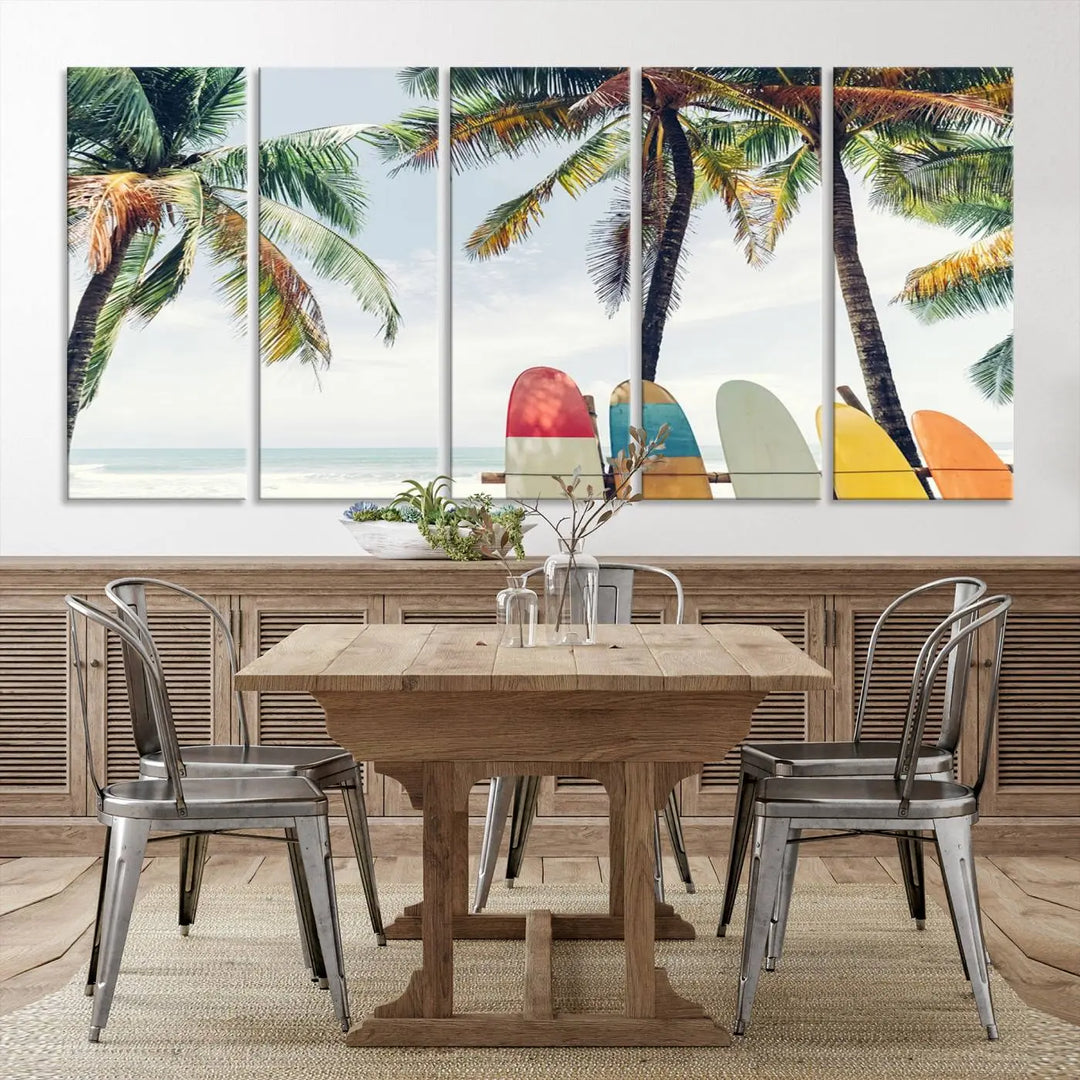 The room showcases The Palm and Surfing Board Wall Art Canvas Print, a triptych of palm trees and surfboards by the beach, elegantly gallery wrapped for a sophisticated finish.