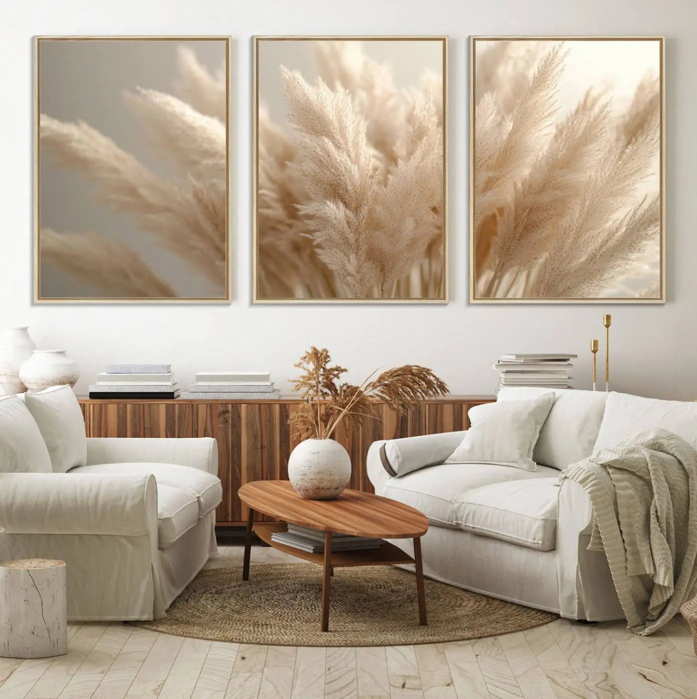 50300-MGV-FC-60X30-3P_Natural-Pampas Grass Canvas Wall Art - Elegant Neutral Decor for Living Room, Boho Minimalist Artwork, Ready to Hang