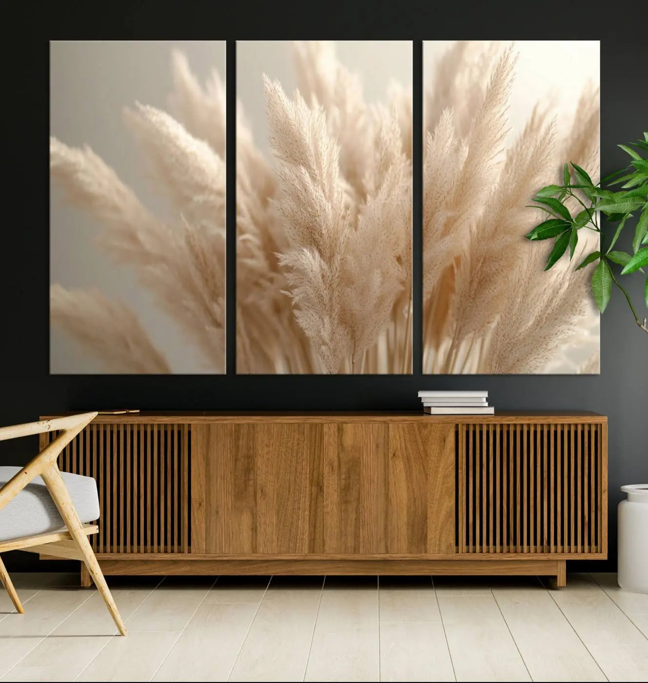 Pampas Grass Canvas Wall Art - Elegant Neutral Decor for Living Room, Boho Minimalist Artwork, Ready to Hang