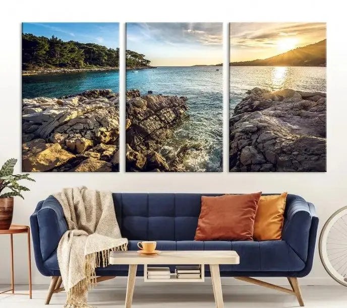 The Paradise Island on Seychelles Wall Art Canvas Print, a triptych capturing a coastal sunset over rocky cliffs and printed on museum-quality canvas with a UV-protective coating, hangs prominently.