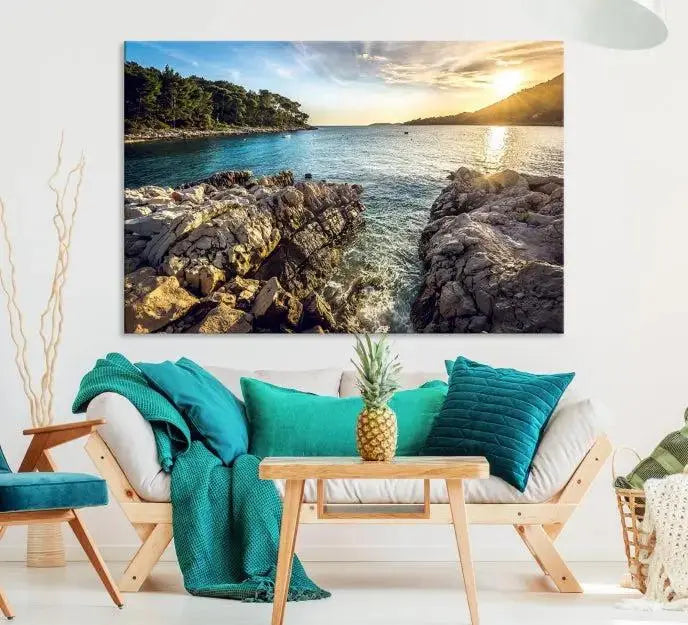 The Paradise Island on Seychelles Wall Art Canvas Print, a triptych capturing a coastal sunset over rocky cliffs and printed on museum-quality canvas with a UV-protective coating, hangs prominently.