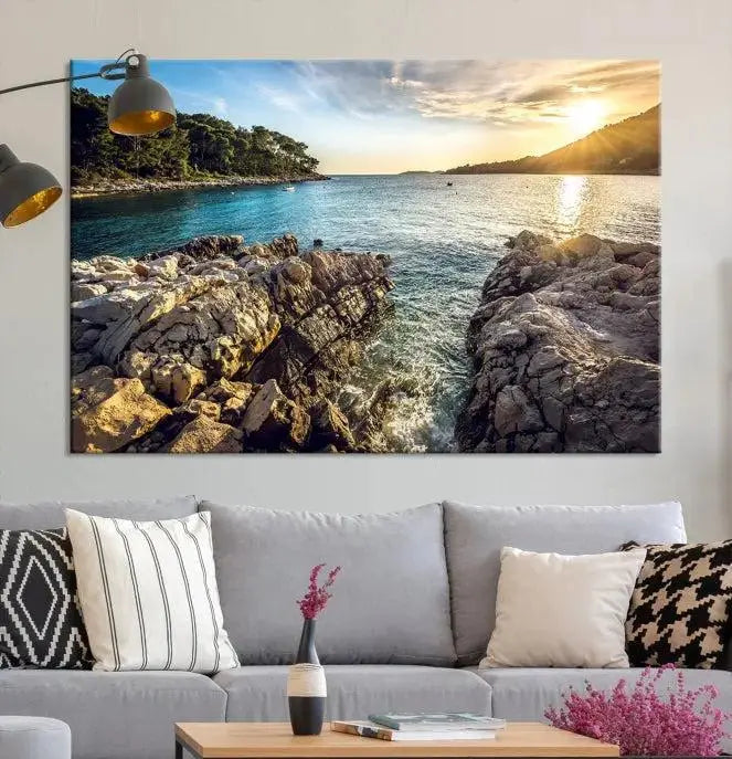 The Paradise Island on Seychelles Wall Art Canvas Print, a triptych capturing a coastal sunset over rocky cliffs and printed on museum-quality canvas with a UV-protective coating, hangs prominently.