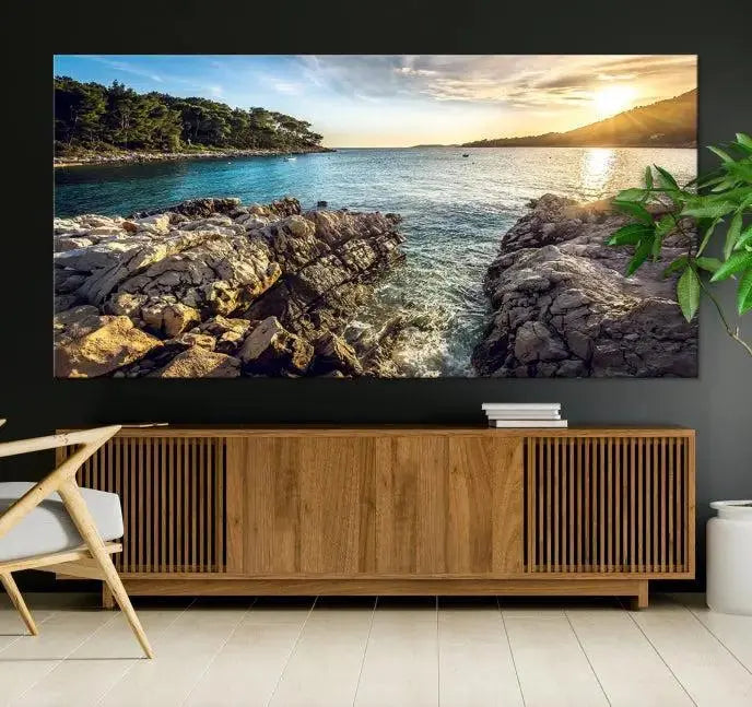 The Paradise Island on Seychelles Wall Art Canvas Print, a triptych capturing a coastal sunset over rocky cliffs and printed on museum-quality canvas with a UV-protective coating, hangs prominently.