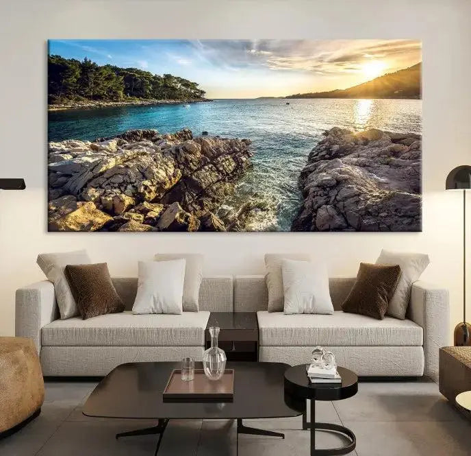 The Paradise Island on Seychelles Wall Art Canvas Print, a triptych capturing a coastal sunset over rocky cliffs and printed on museum-quality canvas with a UV-protective coating, hangs prominently.