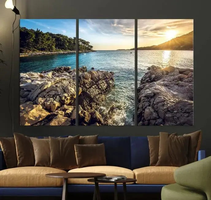 The Paradise Island on Seychelles Wall Art Canvas Print, a triptych capturing a coastal sunset over rocky cliffs and printed on museum-quality canvas with a UV-protective coating, hangs prominently.