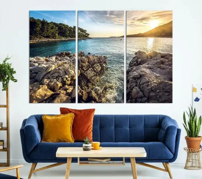 The Paradise Island on Seychelles Wall Art Canvas Print, a triptych capturing a coastal sunset over rocky cliffs and printed on museum-quality canvas with a UV-protective coating, hangs prominently.