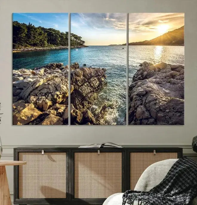 The Paradise Island on Seychelles Wall Art Canvas Print, a triptych capturing a coastal sunset over rocky cliffs and printed on museum-quality canvas with a UV-protective coating, hangs prominently.