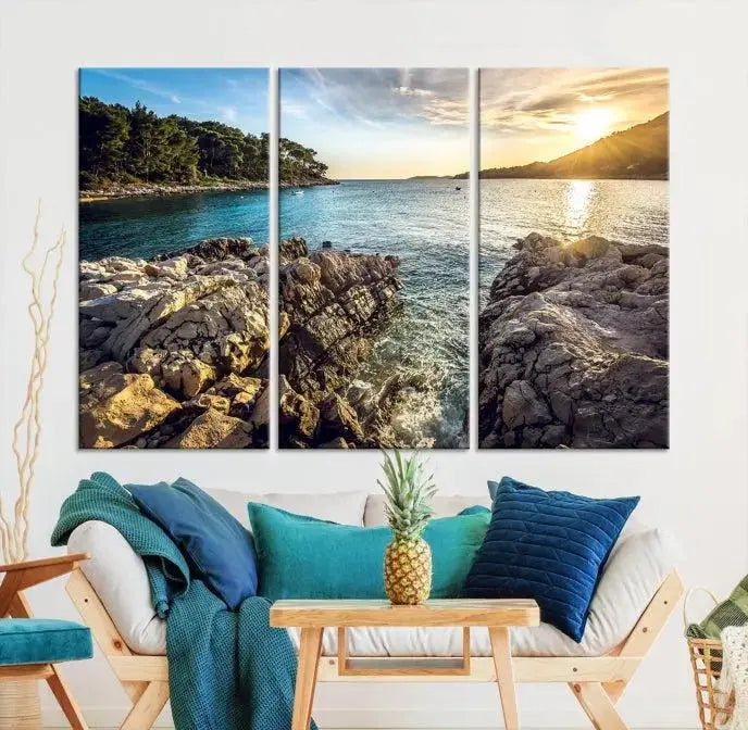 The Paradise Island on Seychelles Wall Art Canvas Print, a triptych capturing a coastal sunset over rocky cliffs and printed on museum-quality canvas with a UV-protective coating, hangs prominently.