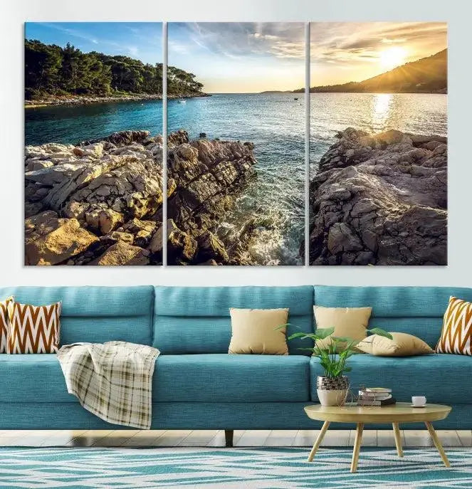 The Paradise Island on Seychelles Wall Art Canvas Print, a triptych capturing a coastal sunset over rocky cliffs and printed on museum-quality canvas with a UV-protective coating, hangs prominently.