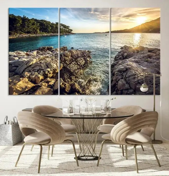 The Paradise Island on Seychelles Wall Art Canvas Print, a triptych capturing a coastal sunset over rocky cliffs and printed on museum-quality canvas with a UV-protective coating, hangs prominently.