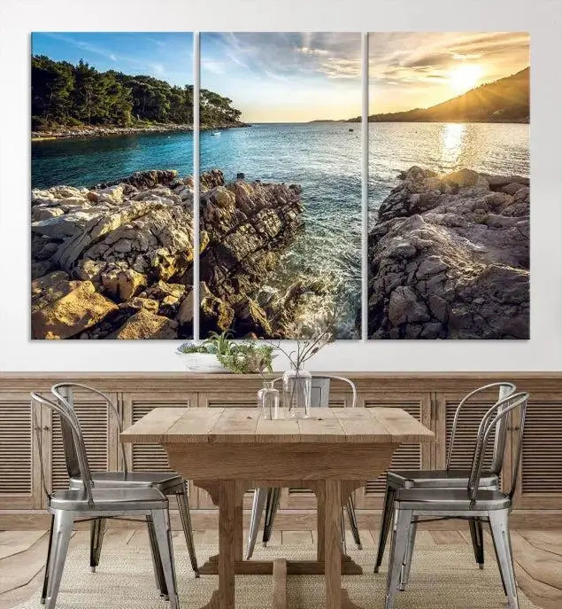 The Paradise Island on Seychelles Wall Art Canvas Print, a triptych capturing a coastal sunset over rocky cliffs and printed on museum-quality canvas with a UV-protective coating, hangs prominently.