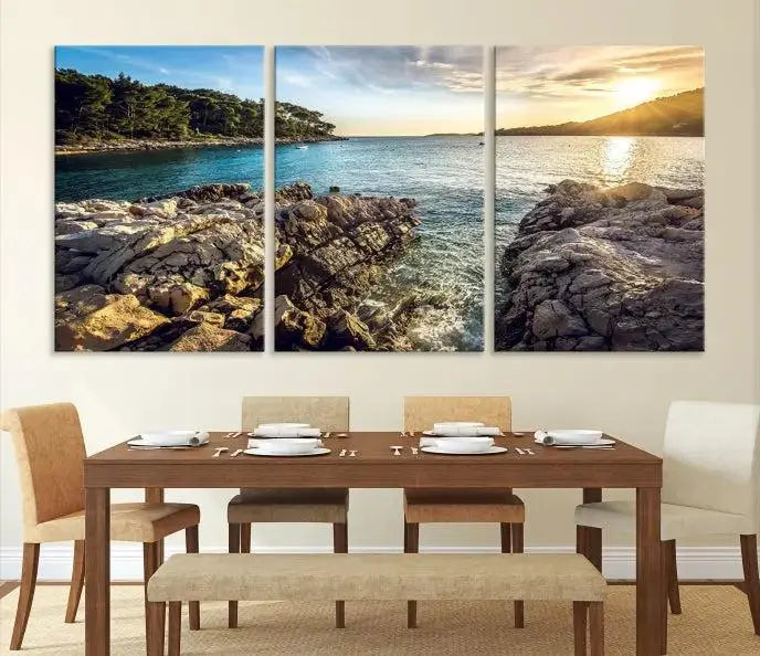 The Paradise Island on Seychelles Wall Art Canvas Print, a triptych capturing a coastal sunset over rocky cliffs and printed on museum-quality canvas with a UV-protective coating, hangs prominently.