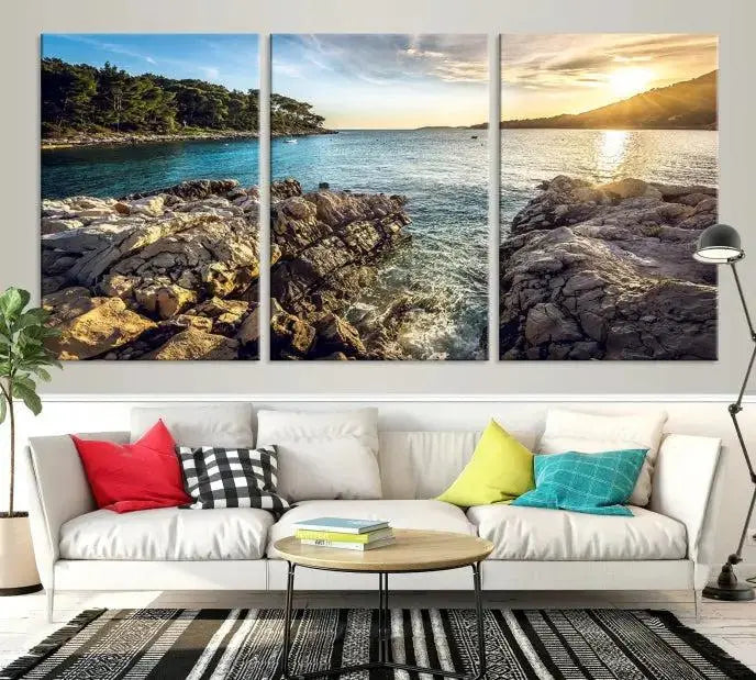 The Paradise Island on Seychelles Wall Art Canvas Print, a triptych capturing a coastal sunset over rocky cliffs and printed on museum-quality canvas with a UV-protective coating, hangs prominently.