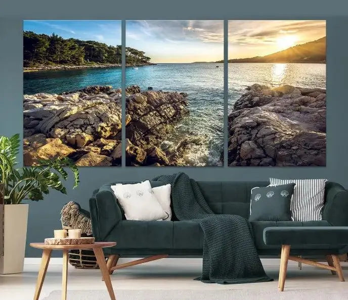 The Paradise Island on Seychelles Wall Art Canvas Print, a triptych capturing a coastal sunset over rocky cliffs and printed on museum-quality canvas with a UV-protective coating, hangs prominently.