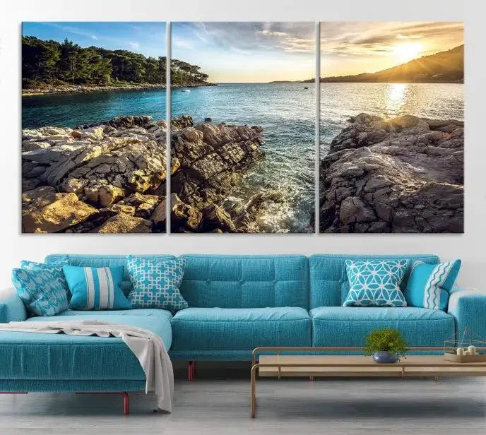 The Paradise Island on Seychelles Wall Art Canvas Print, a triptych capturing a coastal sunset over rocky cliffs and printed on museum-quality canvas with a UV-protective coating, hangs prominently.