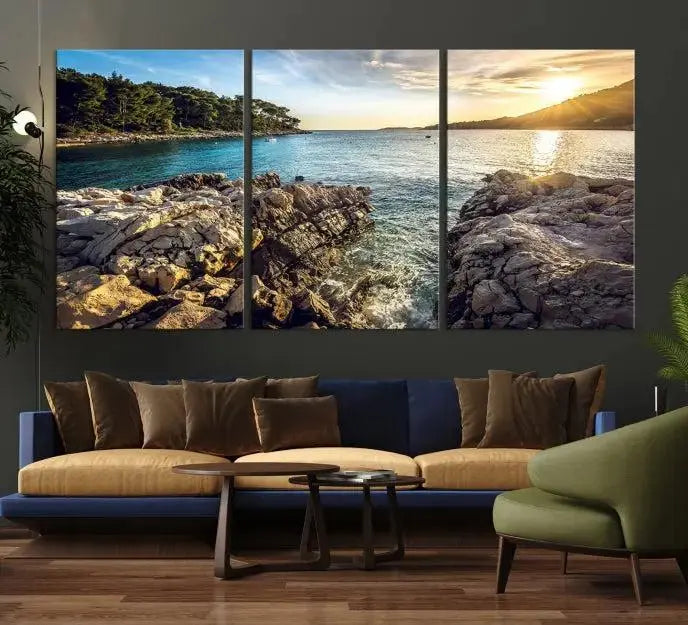 The Paradise Island on Seychelles Wall Art Canvas Print, a triptych capturing a coastal sunset over rocky cliffs and printed on museum-quality canvas with a UV-protective coating, hangs prominently.