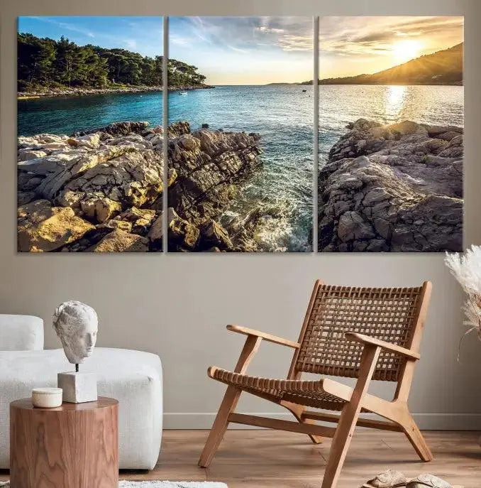 The Paradise Island on Seychelles Wall Art Canvas Print, a triptych capturing a coastal sunset over rocky cliffs and printed on museum-quality canvas with a UV-protective coating, hangs prominently.